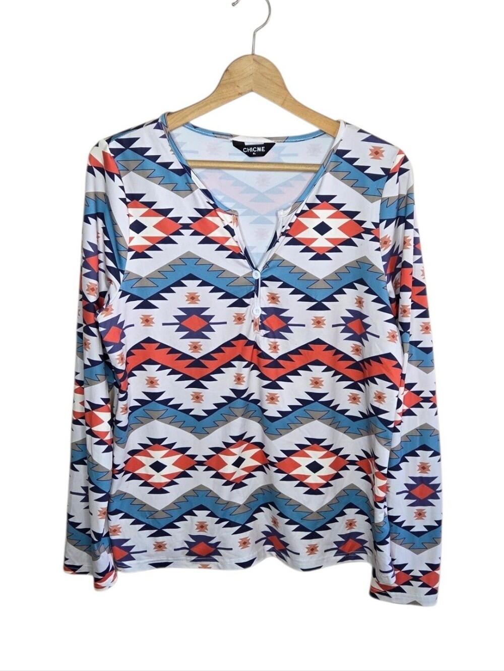 ChicMe Coral Teal Aztec Western Print Long Sleeve V-neck Tee Size XL